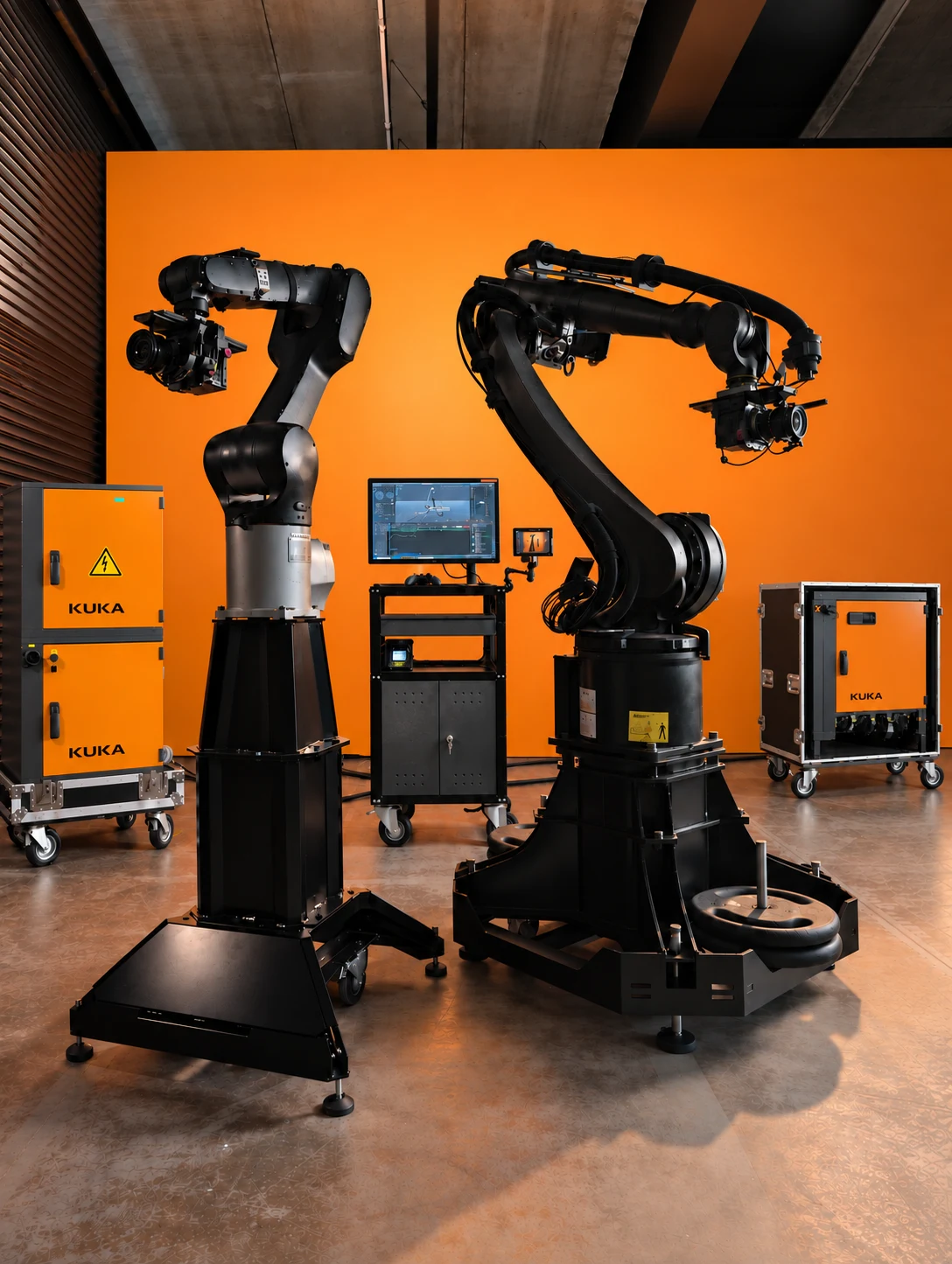Os dois robôs de cinema da Nodal, equipados com câmeras, no estúdio.